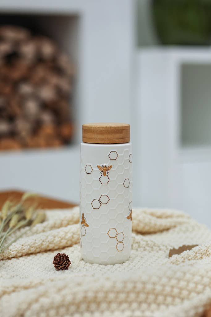 Honey Bee Tea Tumbler with Gold Details - White, 16oz