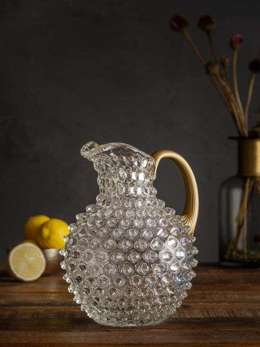 Clear Glass Hobnail Pitcher with Golden Handle - 2L
