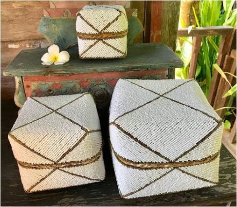 Balinese Storage Box - White with Gold Trim