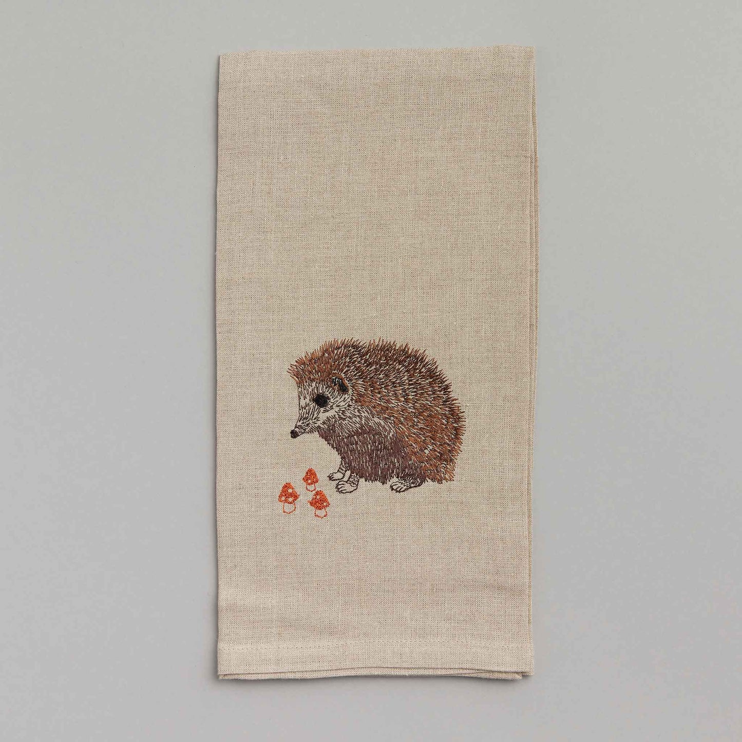 Hedgehog with Mushrooms Tea Towel - Embroidered