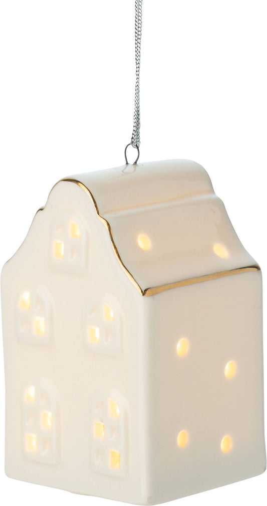Dutch Ceramic House Ornament, Gold Trim, LED,