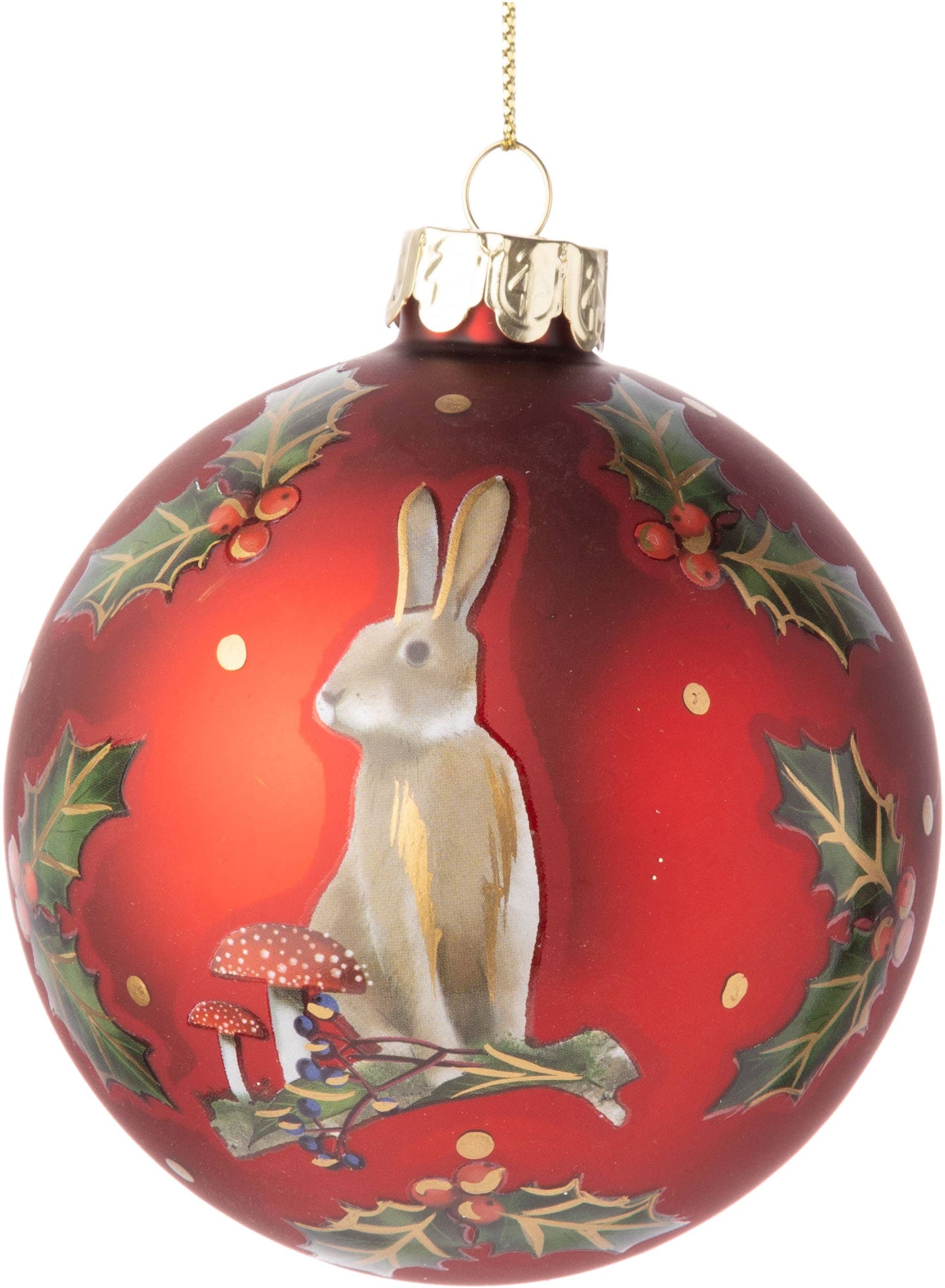 Matte Red Painted Glass Ornament, Hare/Mushrooms/Holly Berry