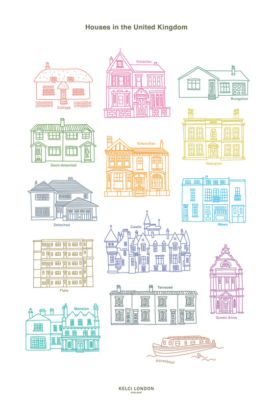 Houses in the United Kingdom Tea Towel