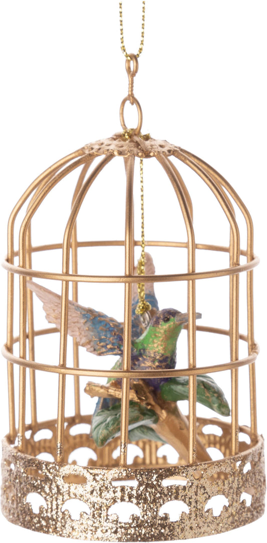 Hummingbird in Gold Cage Painted Ornament