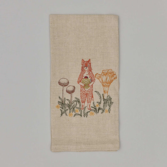 Fox with Mushrooms Tea Towel - Embroidered