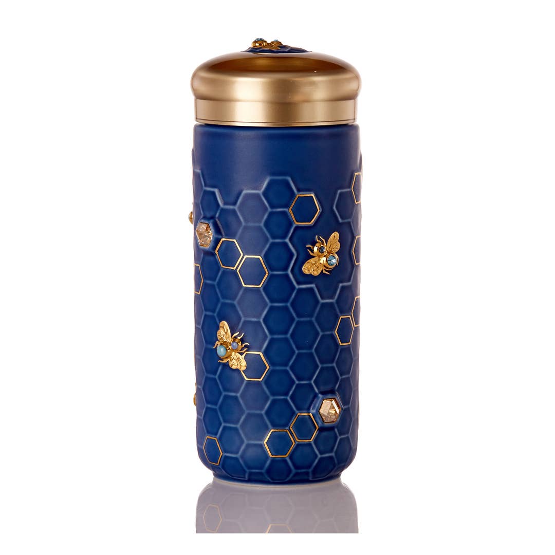 Honey Bee Travel Mug - Matte Blue and Hand Painted Gold Bees with Crystals