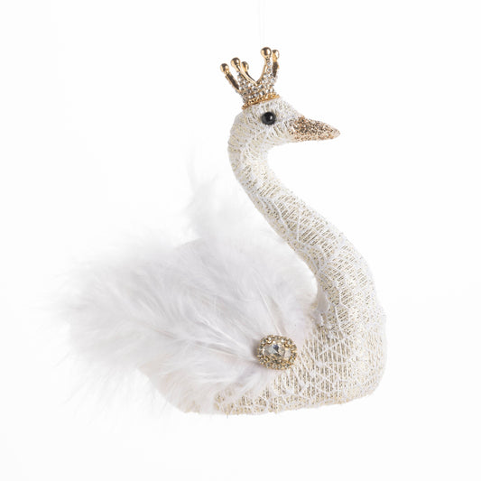 Feathered swan ornament, white lacy fabric, gold crown, 5in