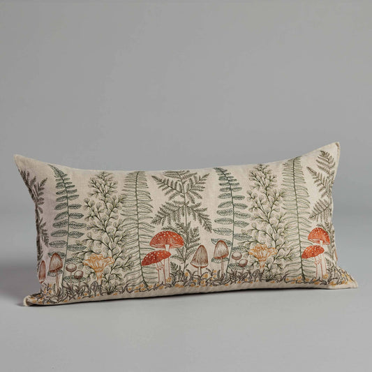 Mushrooms and Ferns Lumbar Pillow - Embroidered