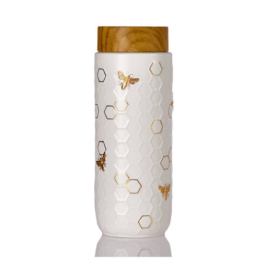 Honey Bee Tea Tumbler with Gold Details - White, 16oz