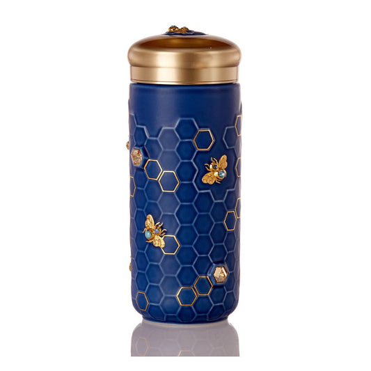 Honey Bee Travel Mug - Matte Blue and Hand Painted Gold Bees with Crystals